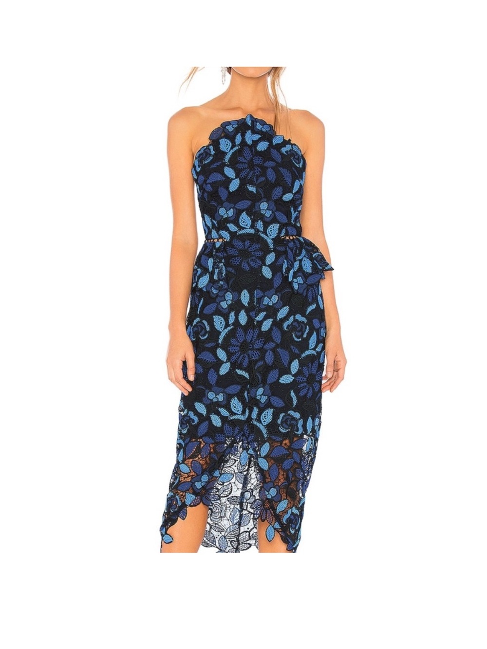 Elliatt Navy and Blue Strapless Floral Lace Peplum Dress